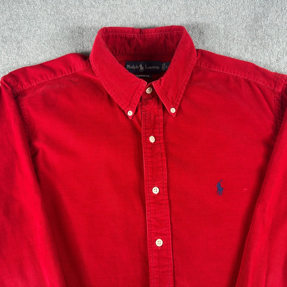 VINTAGE‎ Ralph Lauren Shirt Men L Red Blue Corduroy Button Down Pony Heritage